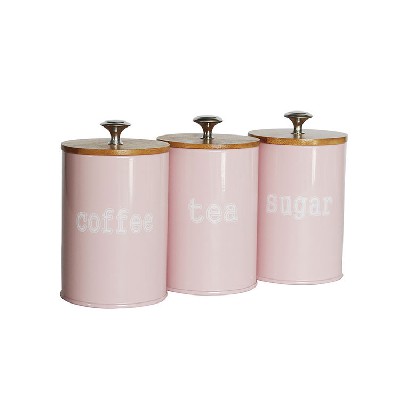 Rustic Vintage Farmhouse Country Decor 3 Piece pink Metal tea coffee sugar Kitchen Canister sets