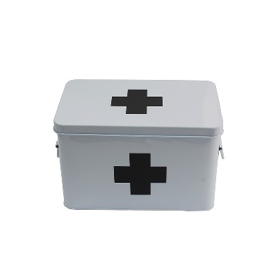 White Metal Home Storage First Aid Box with Lid &amp; Black Cross on Front