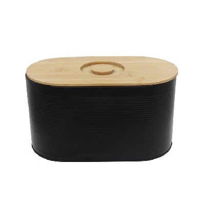 Vintage Unique Metal Matte Black Bread Bin with Bamboo Lid