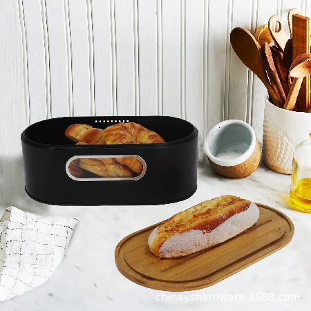 亚马逊爆款bead box 厨房黑色竹盖面包箱 可定制金属面包盒