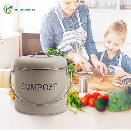 跨境专供铁质喷粉厨余桶 配除味片compost bin厨房厨余垃圾堆肥桶