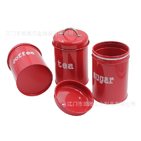 亚马逊镀锌铁皮罐定制 厨房圆形复古红咖啡糖果茶叶密封罐 储物罐