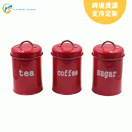 亚马逊镀锌铁皮罐定制 厨房圆形复古红咖啡糖果茶叶密封罐 储物罐