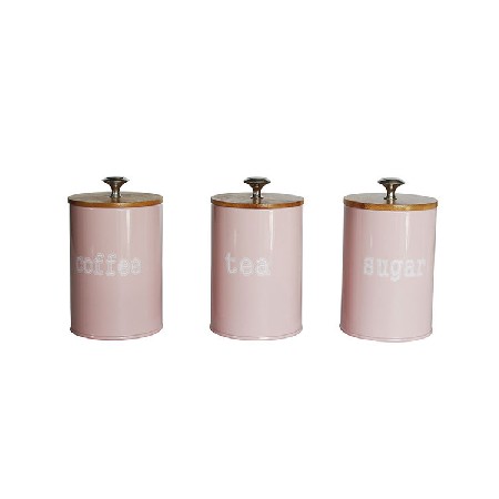 Rustic Vintage Farmhouse Country Decor 3 Piece pink Metal tea coffee sugar Kitchen Canister sets