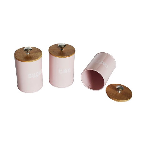 Rustic Vintage Farmhouse Country Decor 3 Piece pink Metal tea coffee sugar Kitchen Canister sets