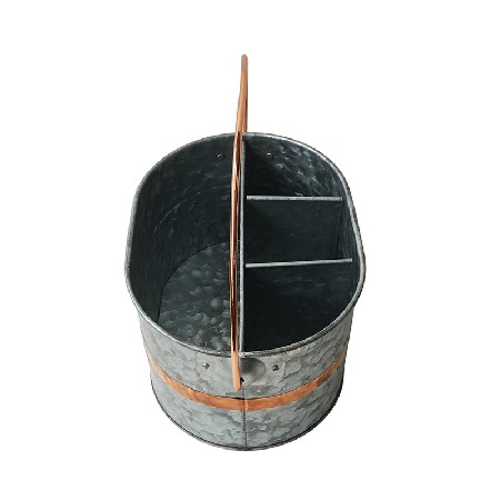 Galvanized metal utensil caddy with copper decor