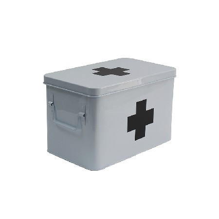 White Metal Home Storage First Aid Box with Lid &amp; Black Cross on Front