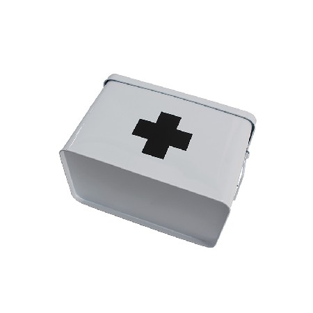 White Metal Home Storage First Aid Box with Lid &amp; Black Cross on Front