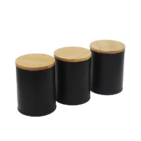 Black Metal 3 Food Storage canister sets for Coffee Tea and Sugar with Bamboo Lids