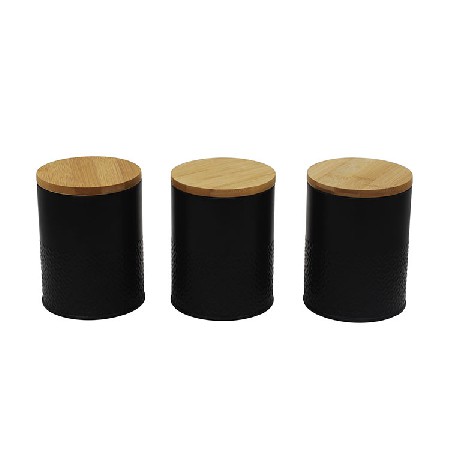 Black Metal 3 Food Storage canister sets for Coffee Tea and Sugar with Bamboo Lids