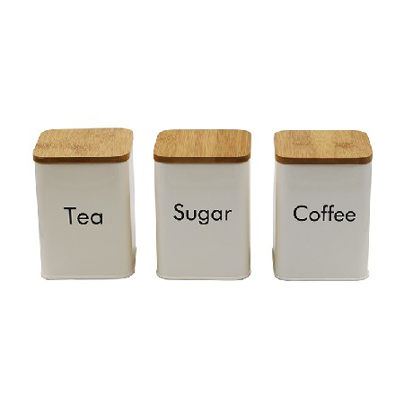 Cream Metal 3 Food Storage Containers for Coffee Tea and Sugar with Bamboo Lids