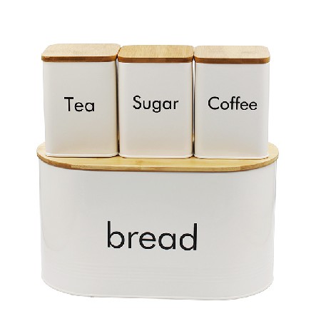 Cream Metal 3 Food Storage Containers for Coffee Tea and Sugar with Bamboo Lids