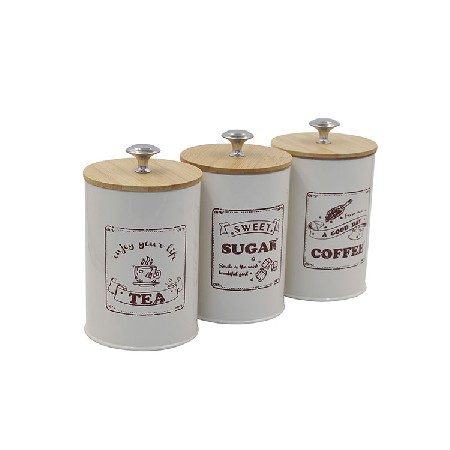 Cream white Set of 3 Metal Food Storage Tin Canister Jar with Bamboo Lid