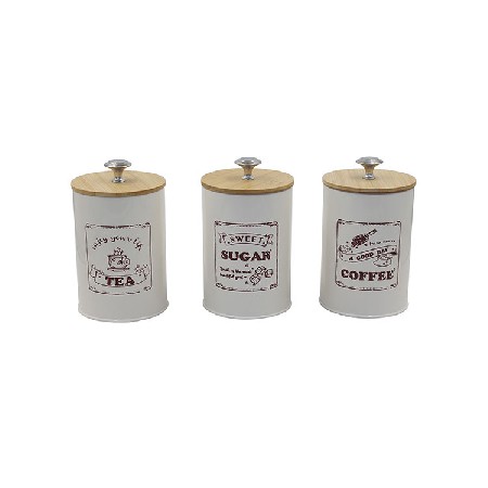 Cream white Set of 3 Metal Food Storage Tin Canister Jar with Bamboo Lid