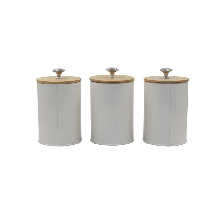 Cream white Set of 3 Metal Food Storage Tin Canister Jar with Bamboo Lid