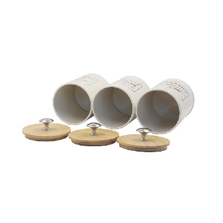 Cream white Set of 3 Metal Food Storage Tin Canister Jar with Bamboo Lid