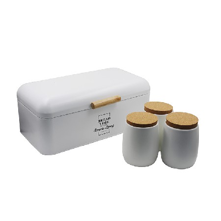定制木手柄翻盖面包箱 铁皮金属白色面包盒 罐子组合带盖面包盒