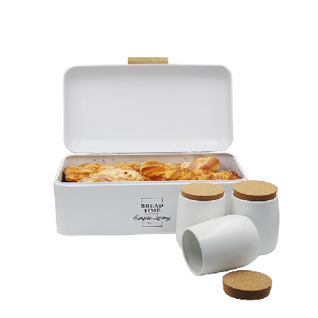 定制木手柄翻盖面包箱 铁皮金属白色面包盒 罐子组合带盖面包盒